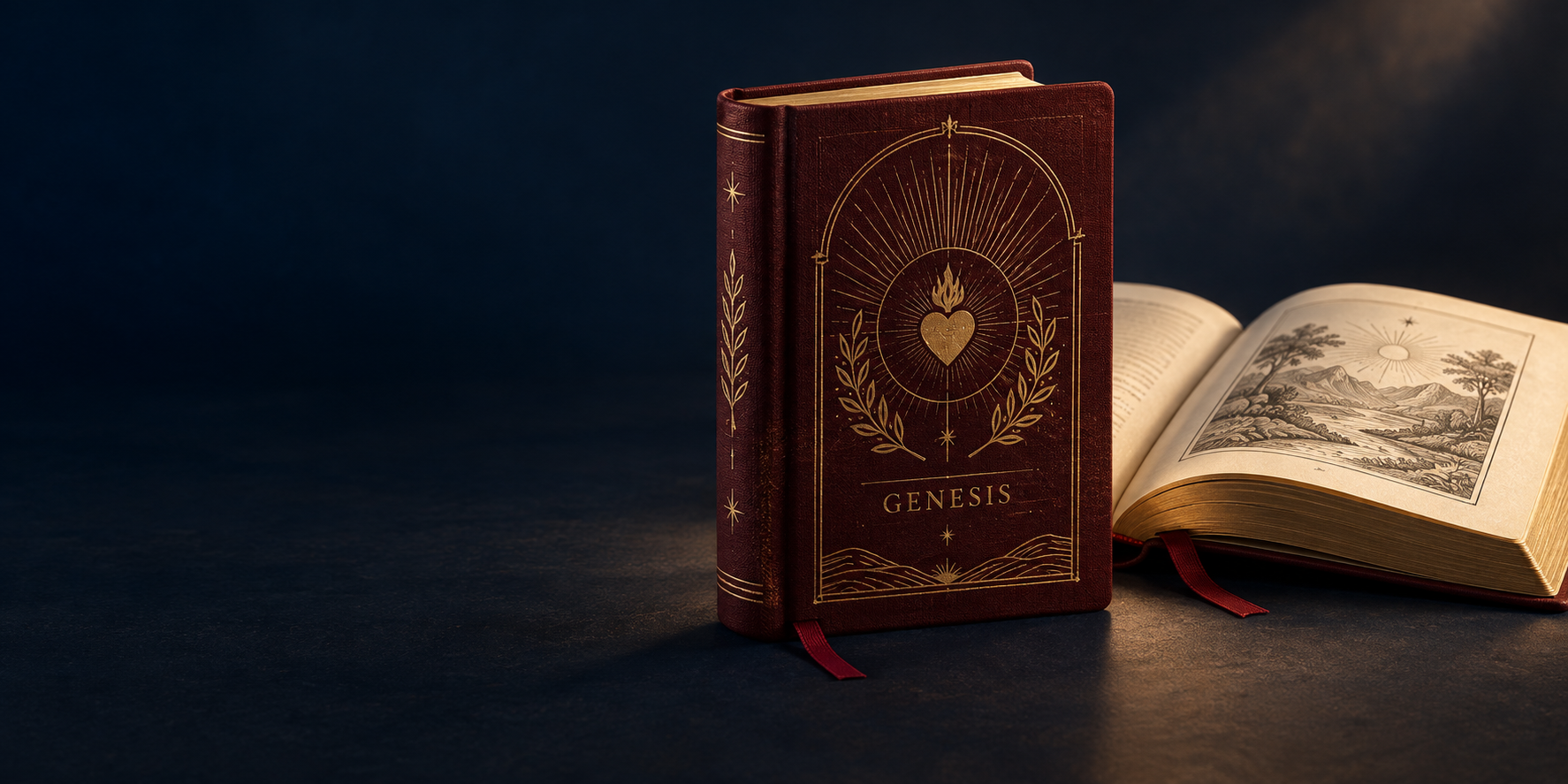 Oxblood Genesis volume with gold sacred-heart decoration