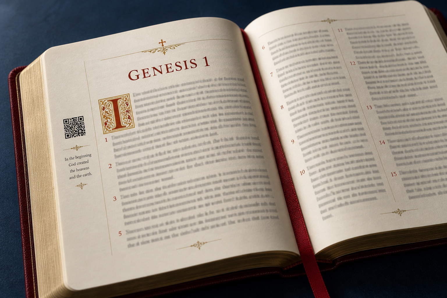 Genesis chapter opening with two-column text, red verse numbers, and a QR code
