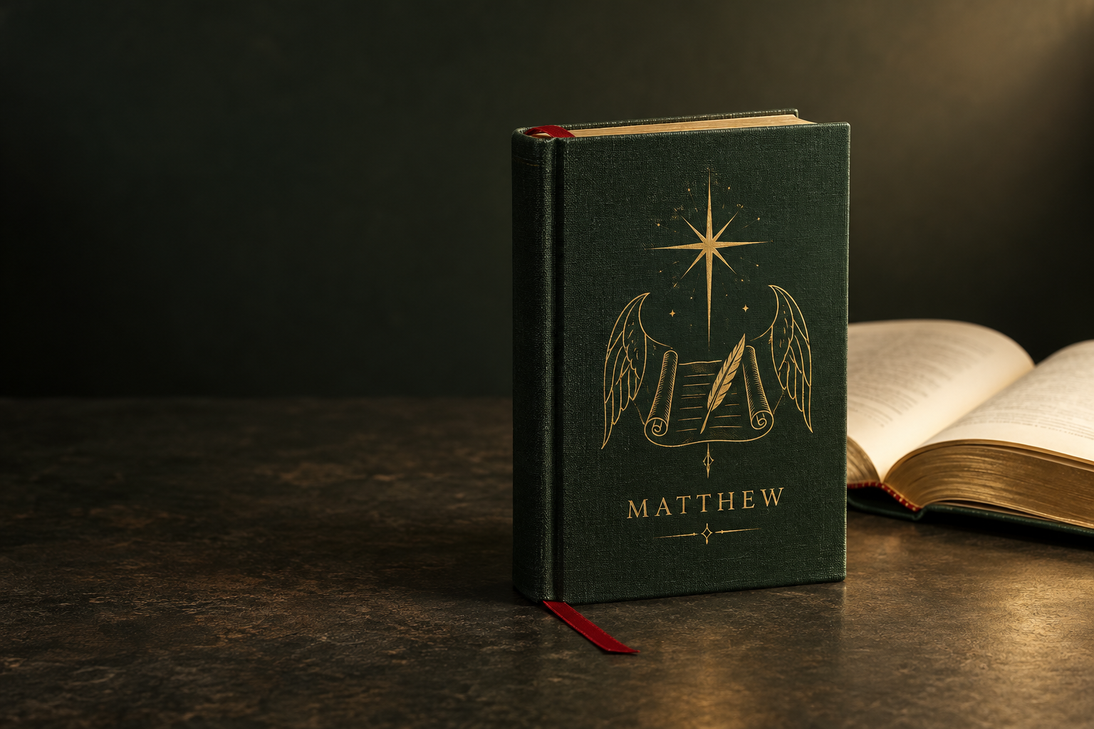 Forest-green Gospel of Matthew volume with a gold star, scroll, and angel-wing decoration