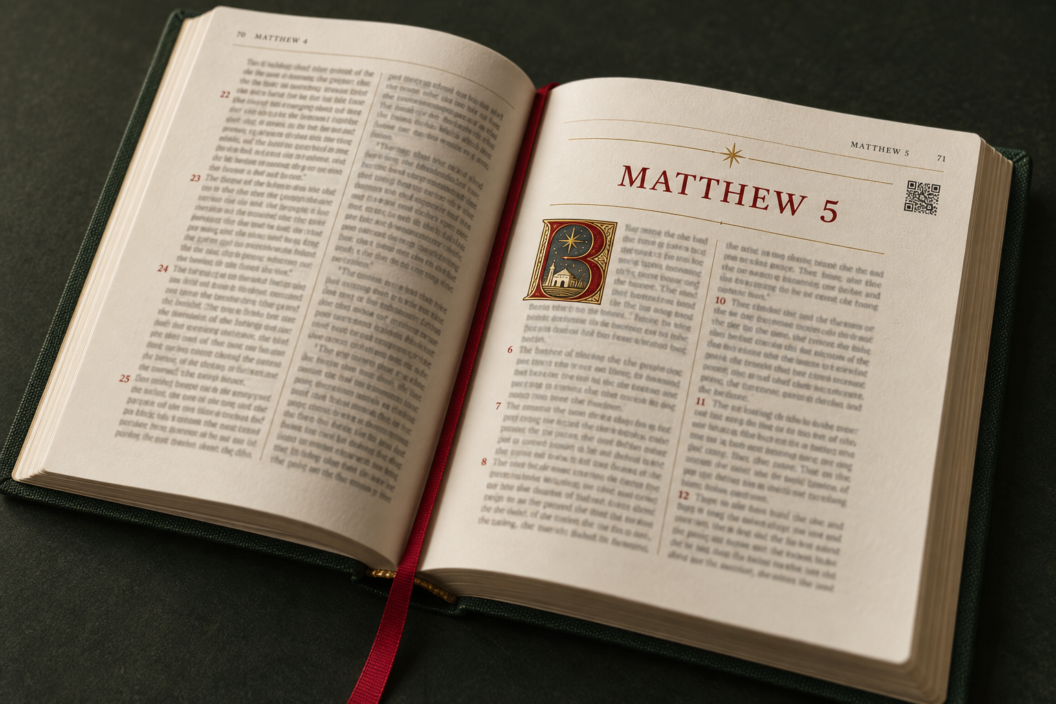 Matthew chapter five opening with two-column text, red verse numbers, and a QR code