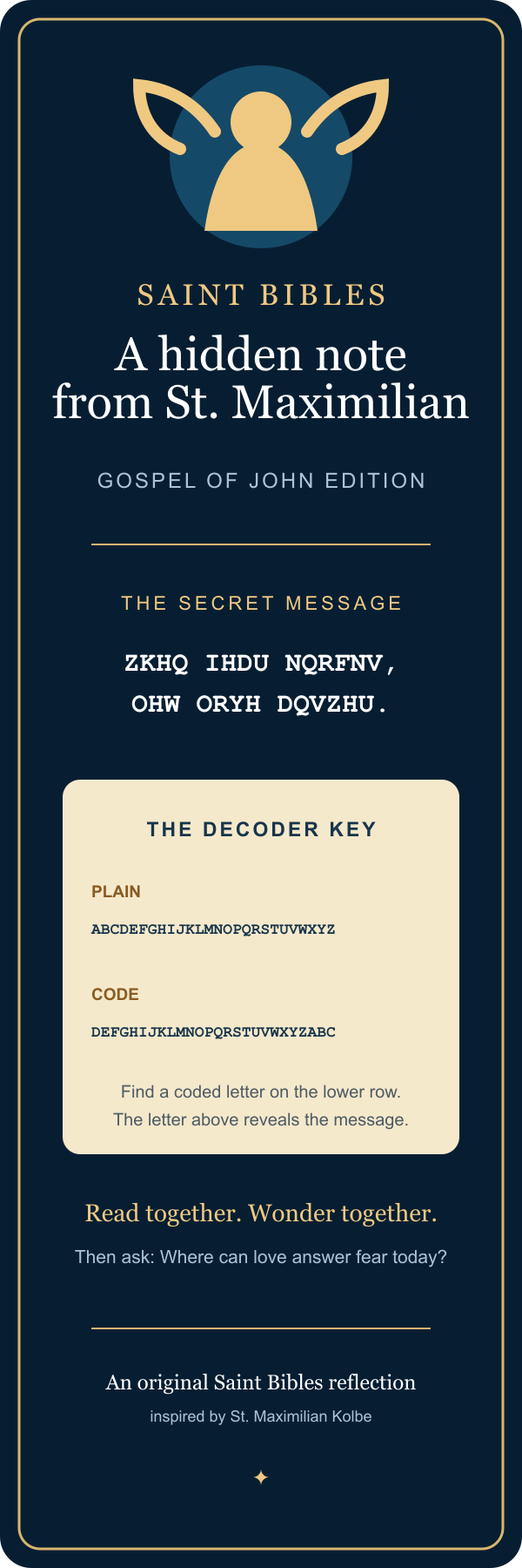 Navy Saint Maximilian decoder bookmark with an encoded message and alphabet key