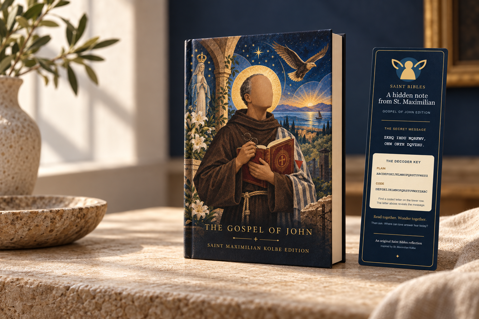 Full-color Gospel of John hardback beside its decoder bookmark